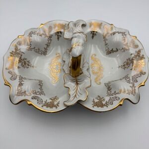 Antique Porcelain Serving Dish Gold Gilt Two Compartments‎ Handle RPM Germany